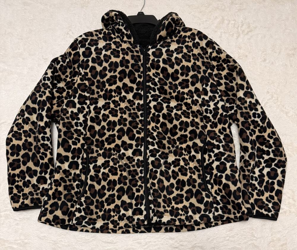 Faded Glory Full Zip Hoodie Gray Black 2X Women Leopard Print Hooded Fleece